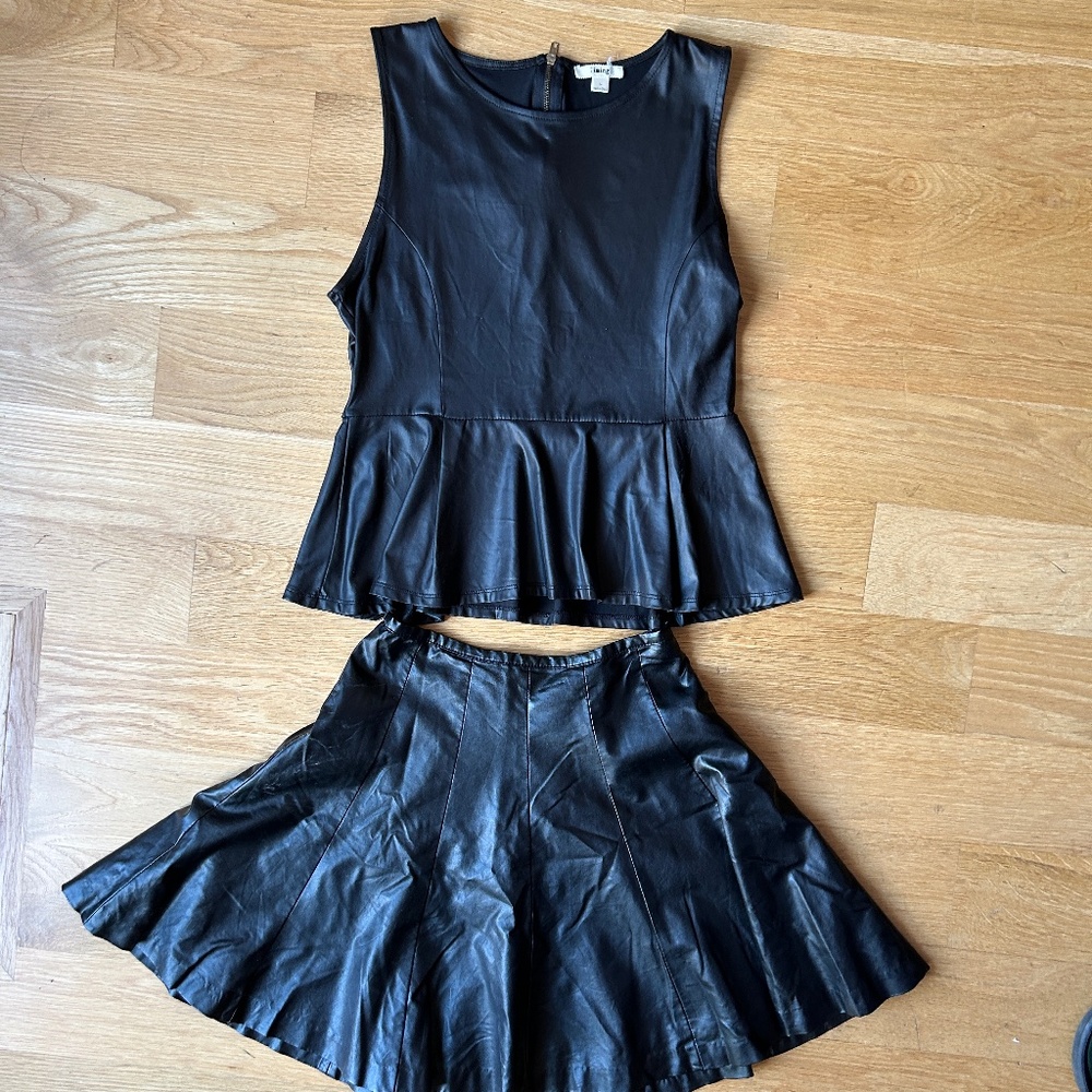 Faux Leather Peplum Fitted Stretchy Tank Top and Flare Skirt Mix Match Set